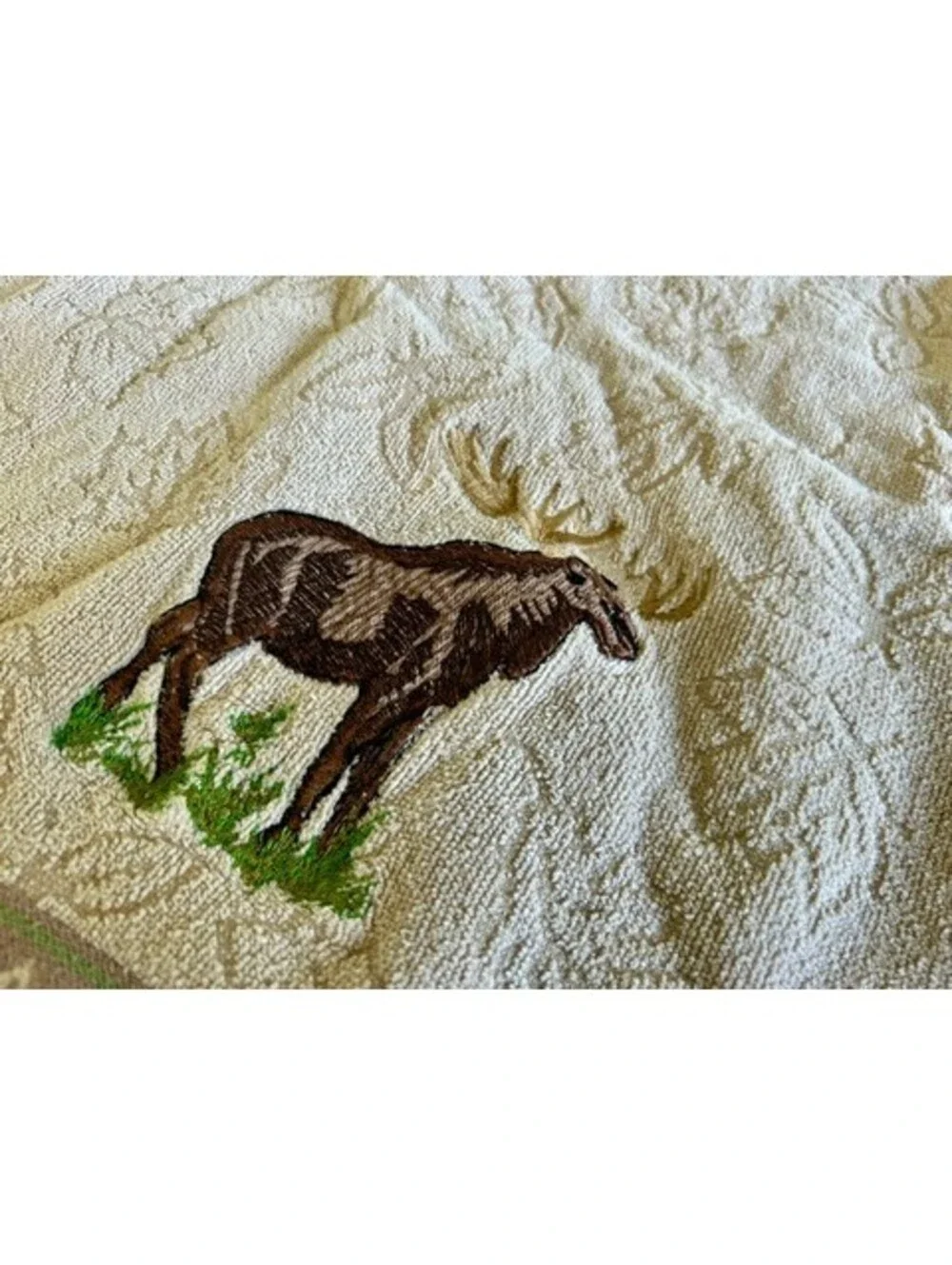 Bath Beige Cotton Hand Towel with Moose Embroidery and Leaf Border